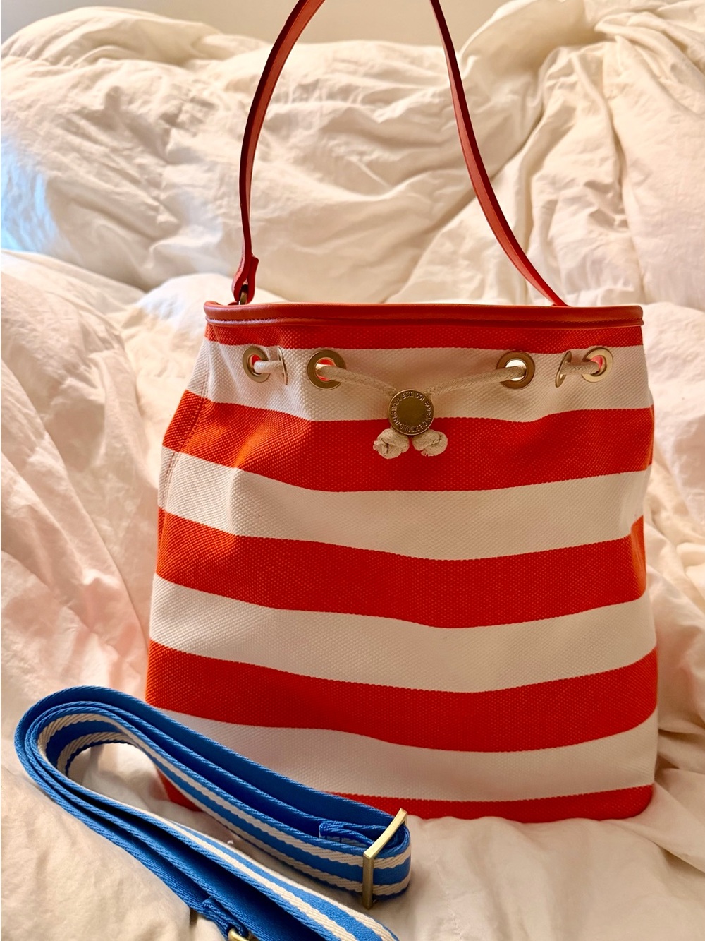Boden Vermilion & White Striped Nautical Inspired Canvas Bucket Bag w/Blue Strap